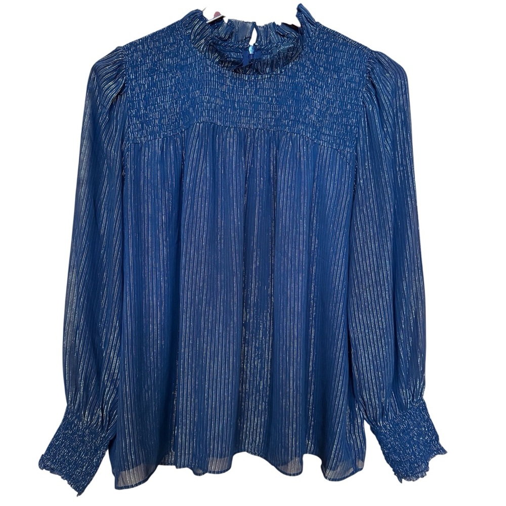 Ann Taylor Navy Blue Sparkle Blouse with Ruffle Neck